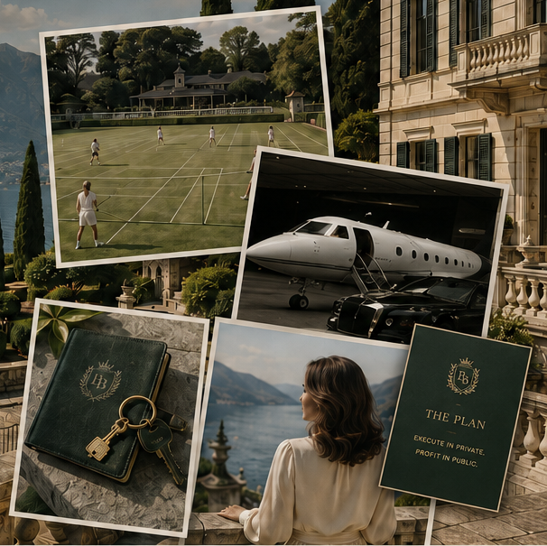 Collage of Bankable Bestie lifestyle photographs: tennis, private aviation, planner and keys, founder at the lake, and The Plan